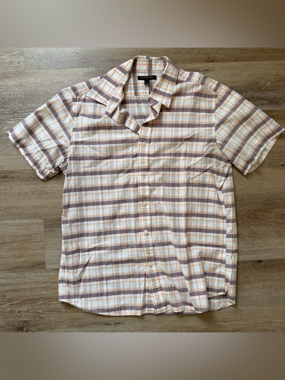 Banana Republic Cream and Tan Plaid Short-Sleeve Button-Down Shirt